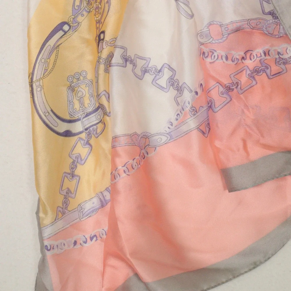 Vtg Scarf Wrap Equestrian Chain Belt Luxury Print Pink Silk Feeling Coastal
